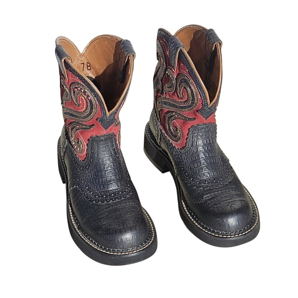 Vintage Ariat Fatbaby Heritage Black & Red Lizard Print Boots-SZ 7 B jeweled